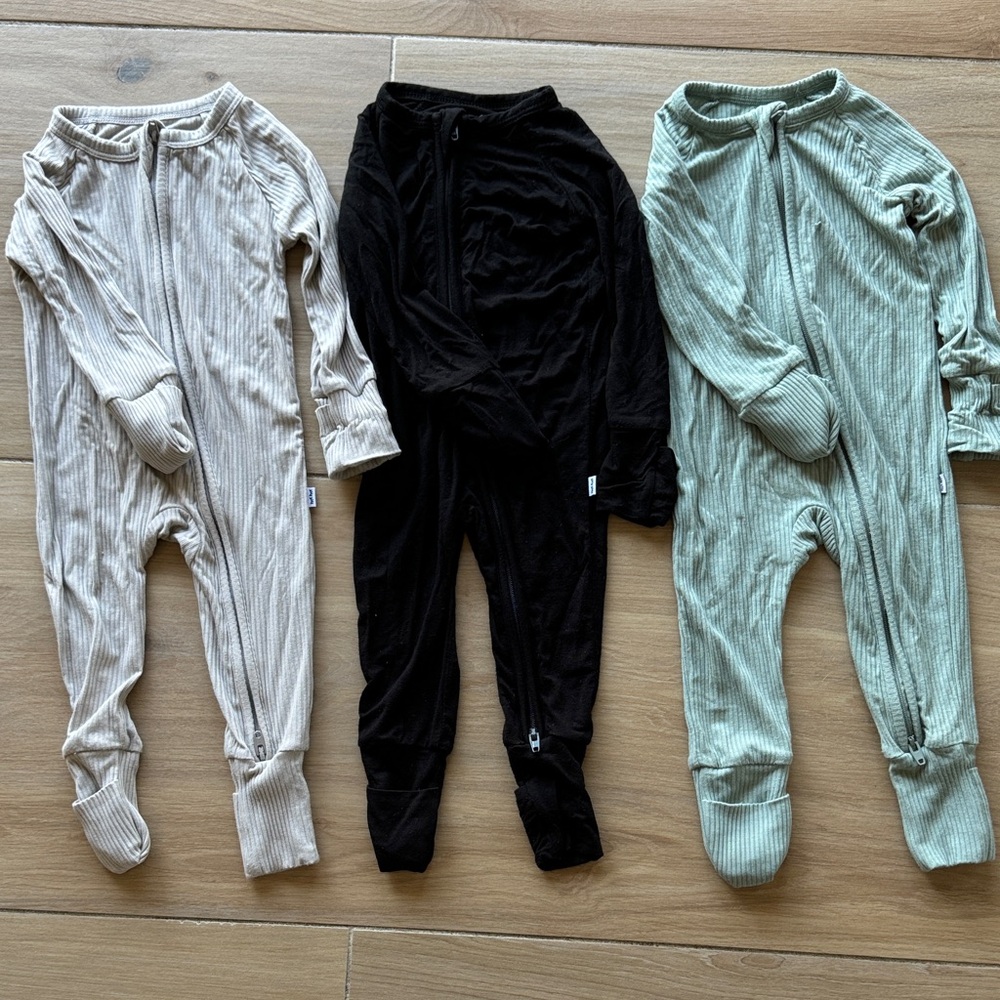 Little Sleepies Ribbed Kids Footies - Cream, Black, and Green